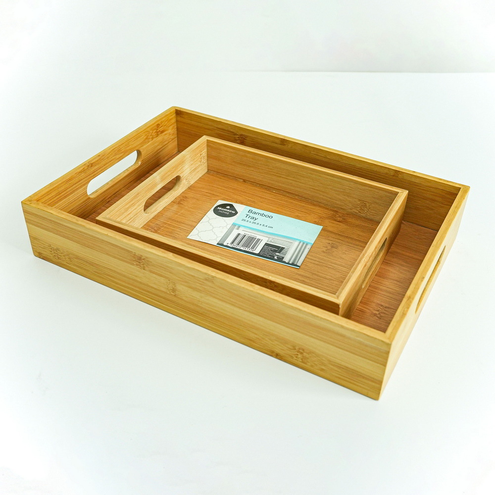 Rectangular Large and Medium Nested Bamboo Wooden Serving Tray Set for Kitchen with Cut out Handles