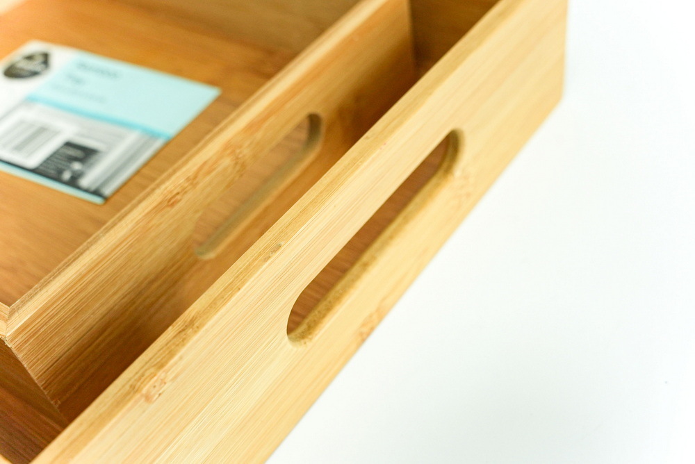 Rectangular Large and Medium Nested Bamboo Wooden Serving Tray Set for Kitchen with Cut out Handles