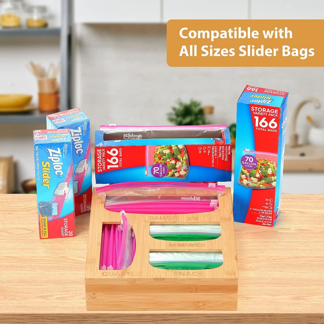Pure Natural Compatible Quality Bamboo Ziplock Bag Storage Organizer for Kitchen Drawer