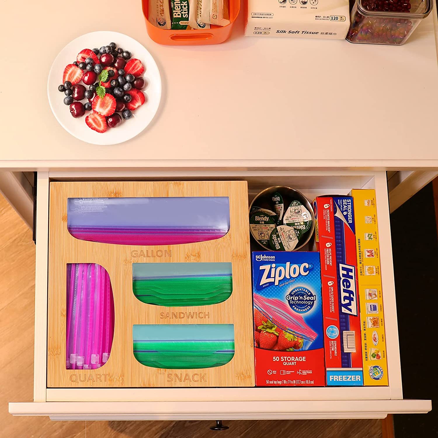Pure Natural Compatible Quality Bamboo Ziplock Bag Storage Organizer for Kitchen Drawer