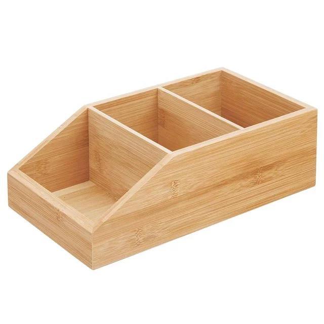 Bamboo Wood Compact Bathroom Storage Organizer Bin Box with 3 Divided Sections for Home