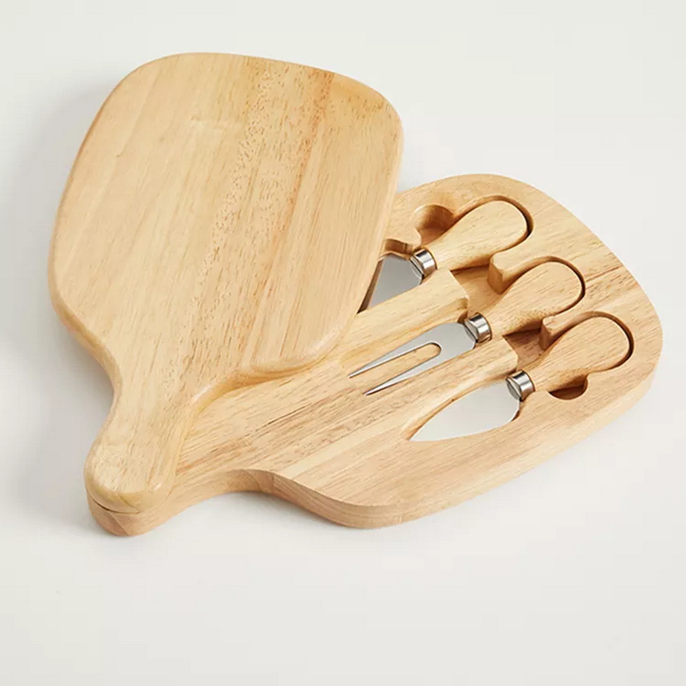 Rubber Wood Swiveling Charcuterie Cheese Serving Board with 3 Piece Knives Set