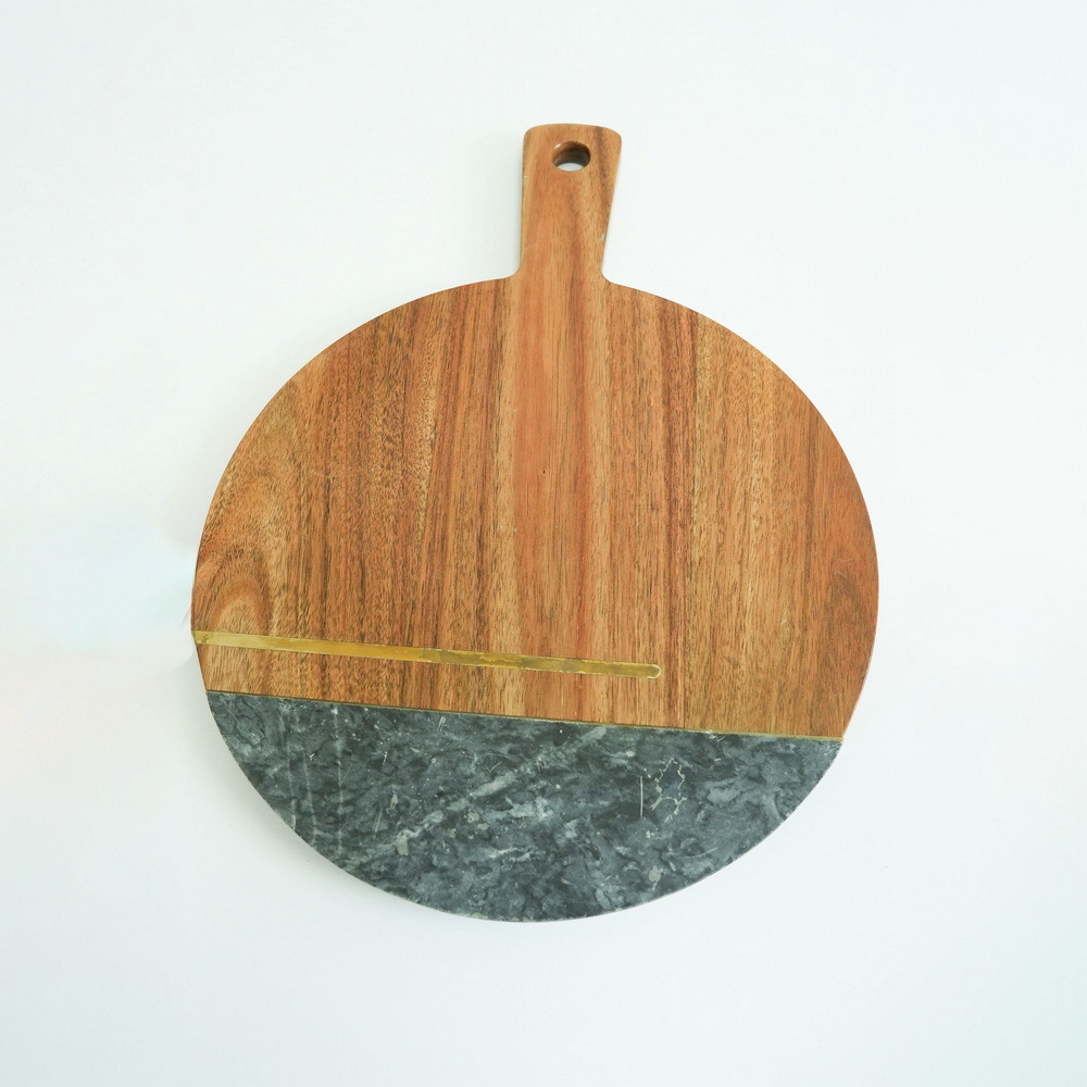 Large Round Marble and Acacia Wood Serving Board Cheese Board Charcuterie Board with Handle