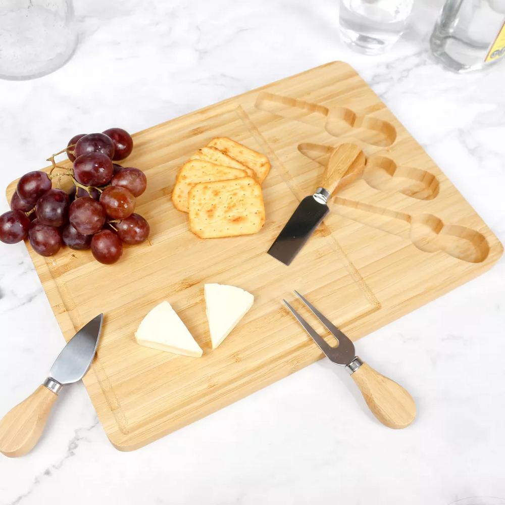 Rectangle Bamboo Picnic Charcuterie Cutlery Cheese Board with 3 Knives Set