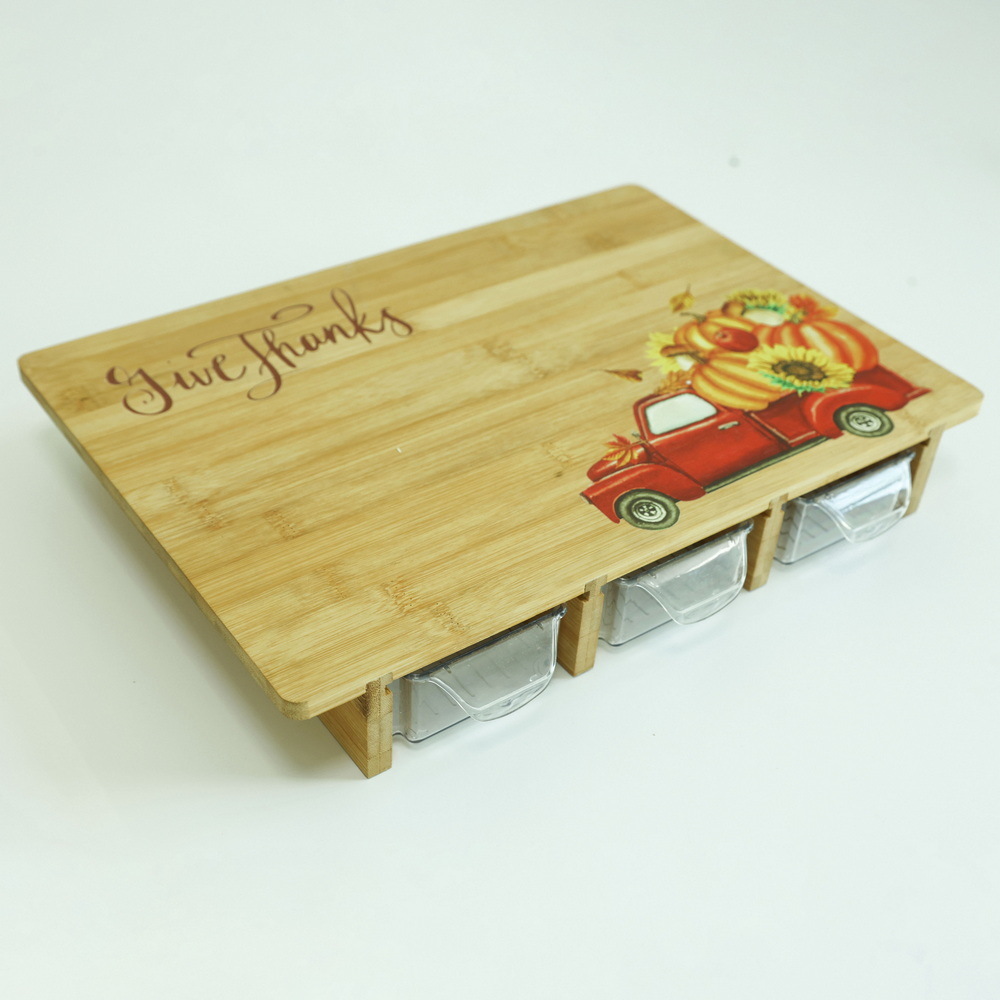 Large Bamboo Cutting Board with 3 Plastic Storage Drawers