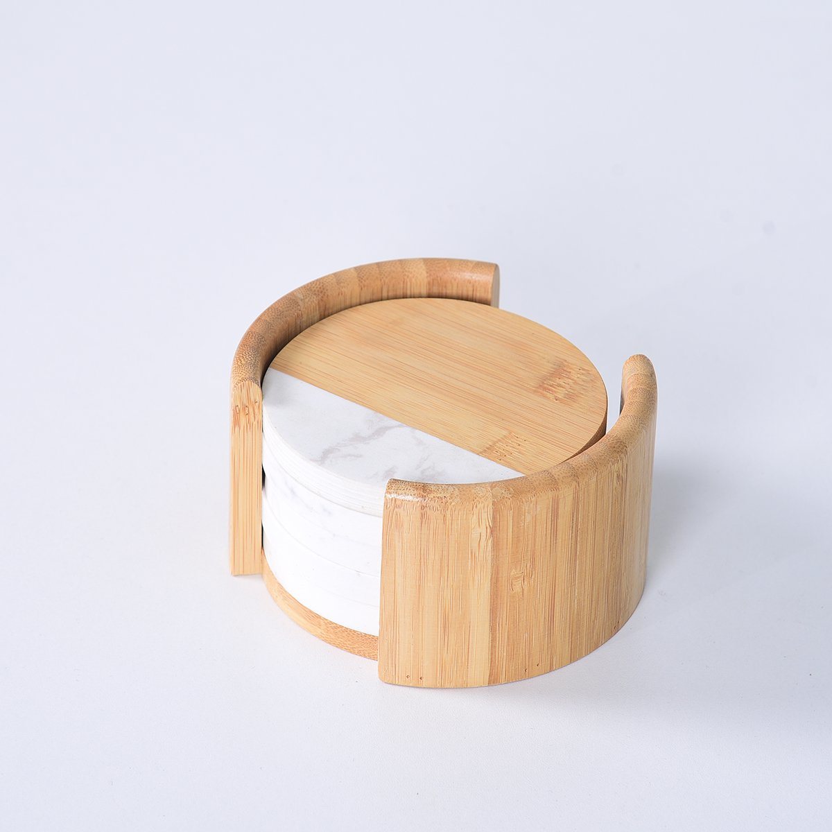 Modern and Natural White Marble and Wood Coaster with Holder