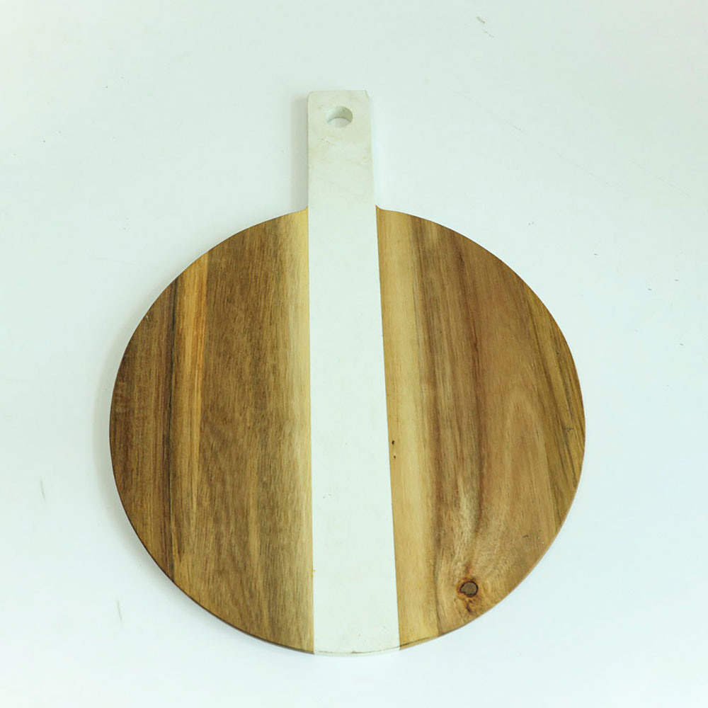 Large Round White Marble and Wood Paddle Cutting Board Cheese Board