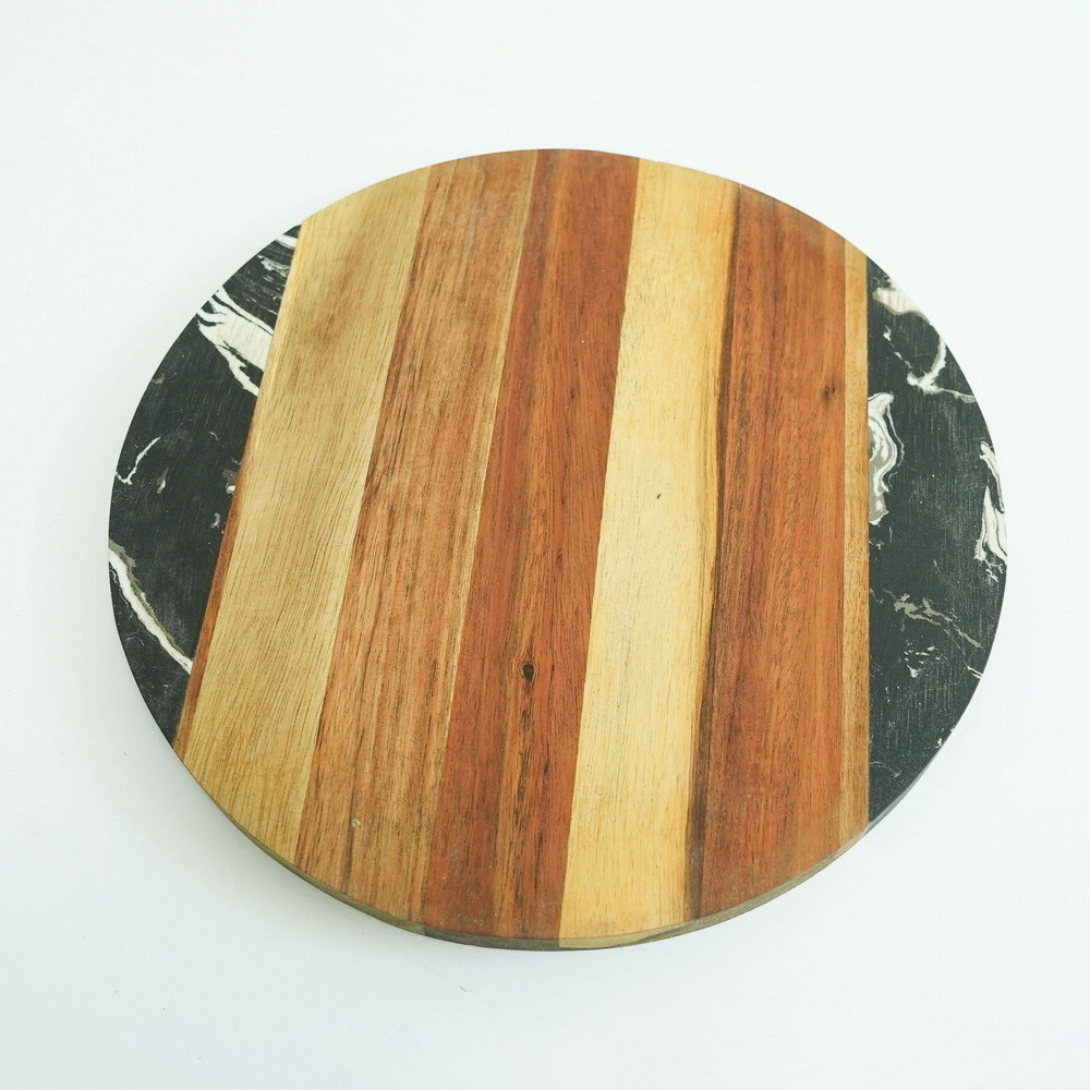 Round Shape Acacia Wood and Black Marble Cheese Board Charcuterie Board Cutting Board