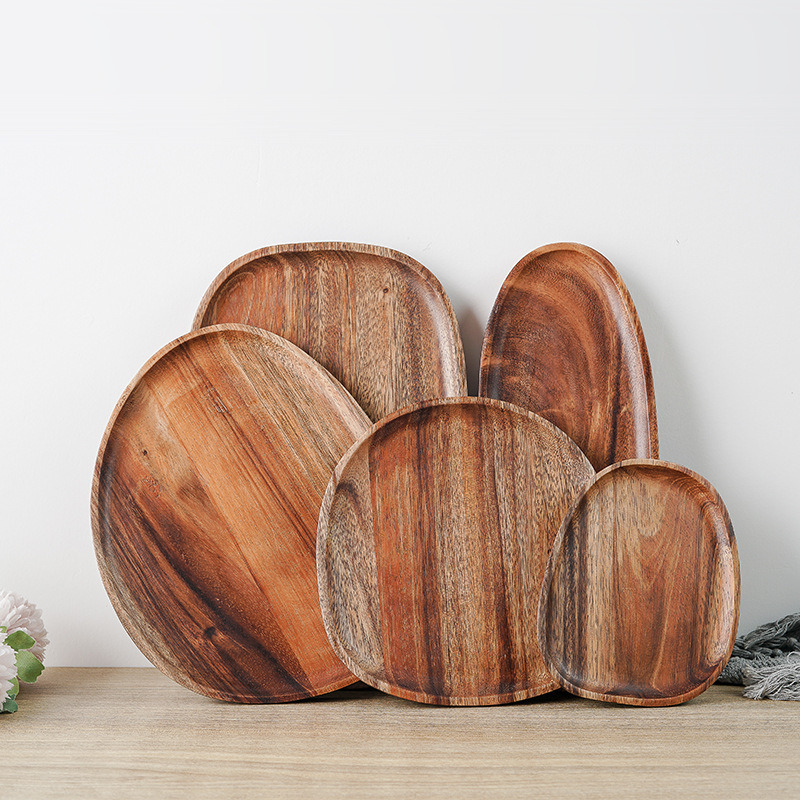 Manufacture Natural Oval and Round Shape Acacia Wood Dessert Tray Wood Food Dining Plate Set