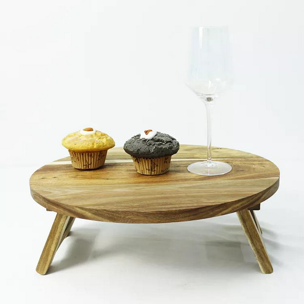 Wholesale Folding Portable Acacia Wood Serving Tray Outdoor Picnic Serving Table for Fruit Food