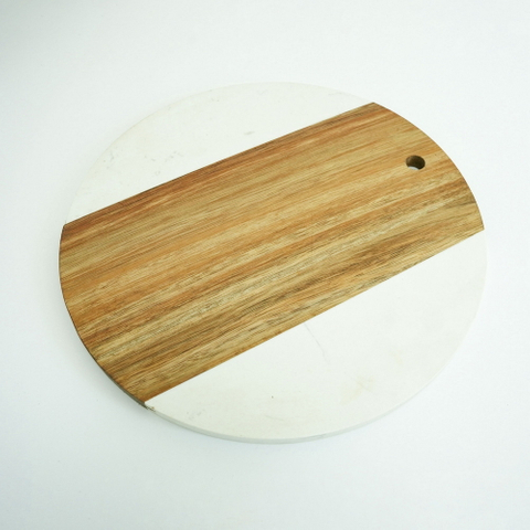 12 Inch Round Marble and Wood Cutting Board Cheese Charcuterie Serving Tray for Appetizers, Tapas, Meat