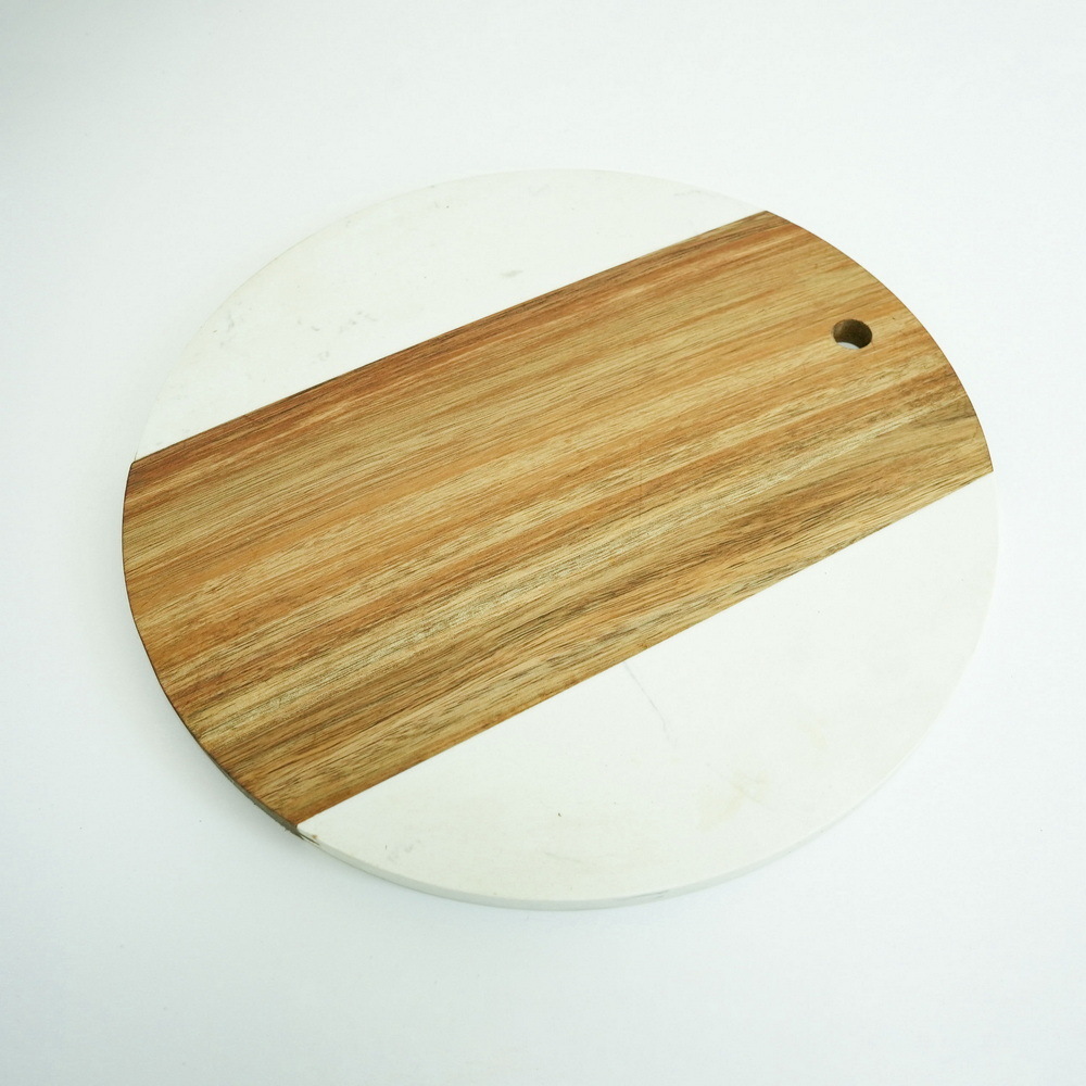 12 Inch Round Marble and Wood Cutting Board Cheese Charcuterie Serving Tray for Appetizers, Tapas, Meat