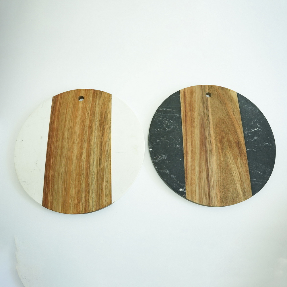 12 Inch Round Marble and Wood Cutting Board Cheese Charcuterie Serving Tray for Appetizers, Tapas, Meat