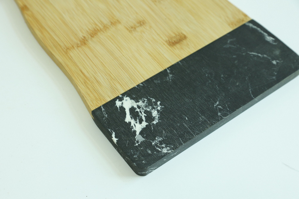 Paddle Shape Black Marble and Bamboo Serving Board Serving Tray for Cheese / Charcuterie / Bread