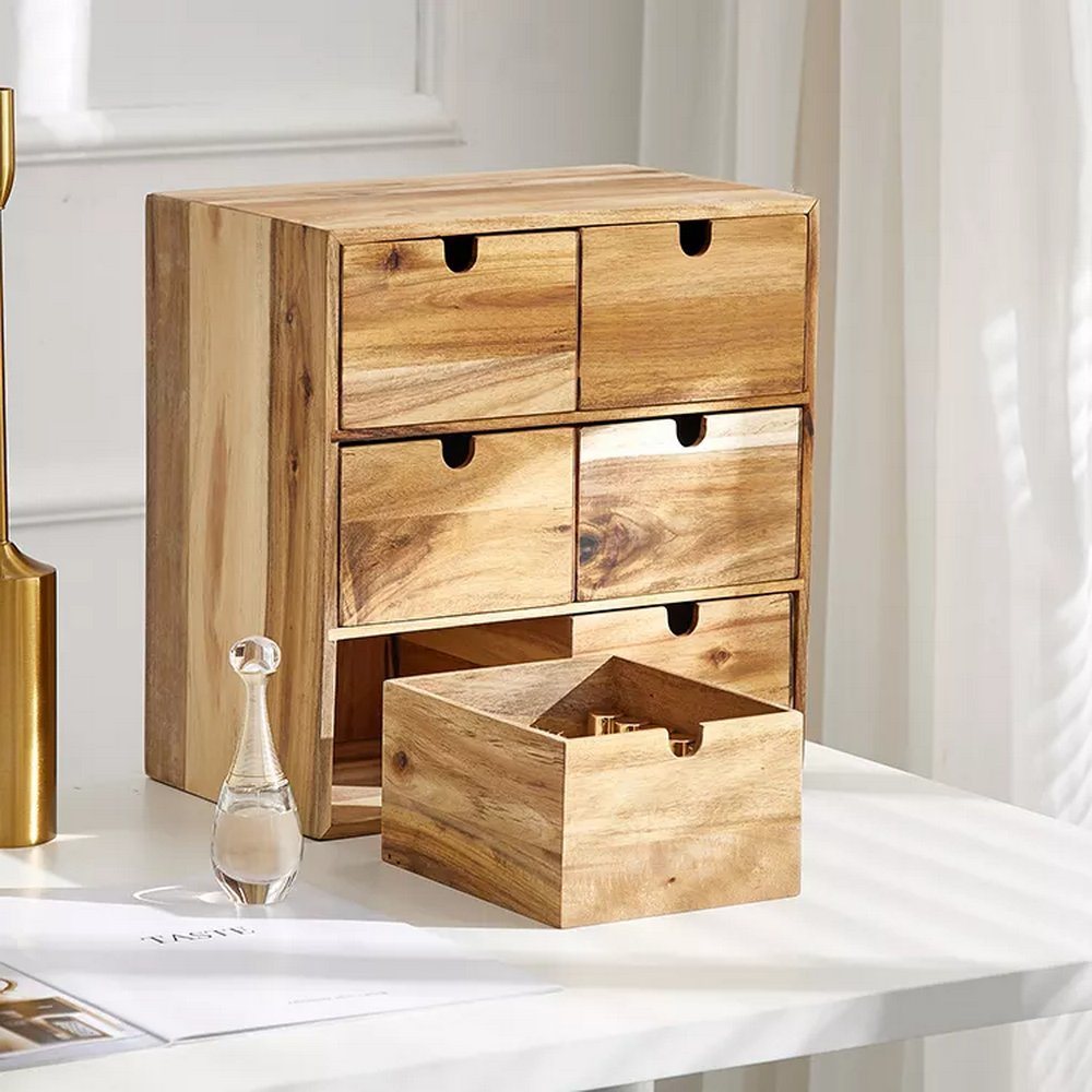 Custom Acacia Wood 3 Tier 6 Grid Sundries Storage Organizer Box Drawer
