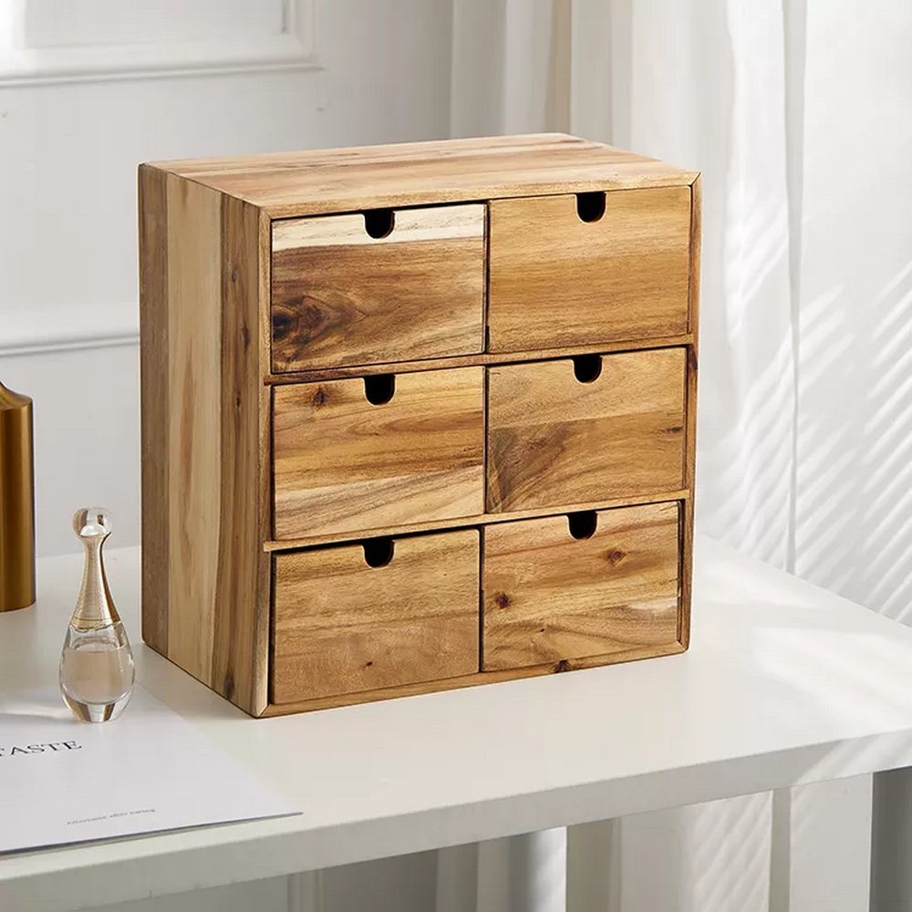 Custom Acacia Wood 3 Tier 6 Grid Sundries Storage Organizer Box Drawer