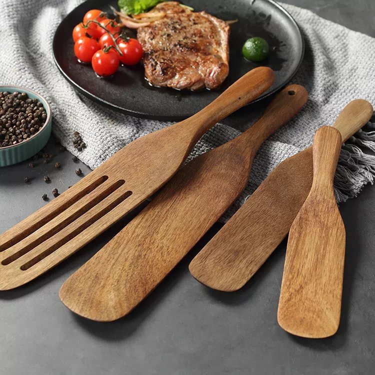 Custom Handmade Multi-Use 4-Piece Kitchen Utensils Spatula and Spoons Acacia Wood Spurtle Set
