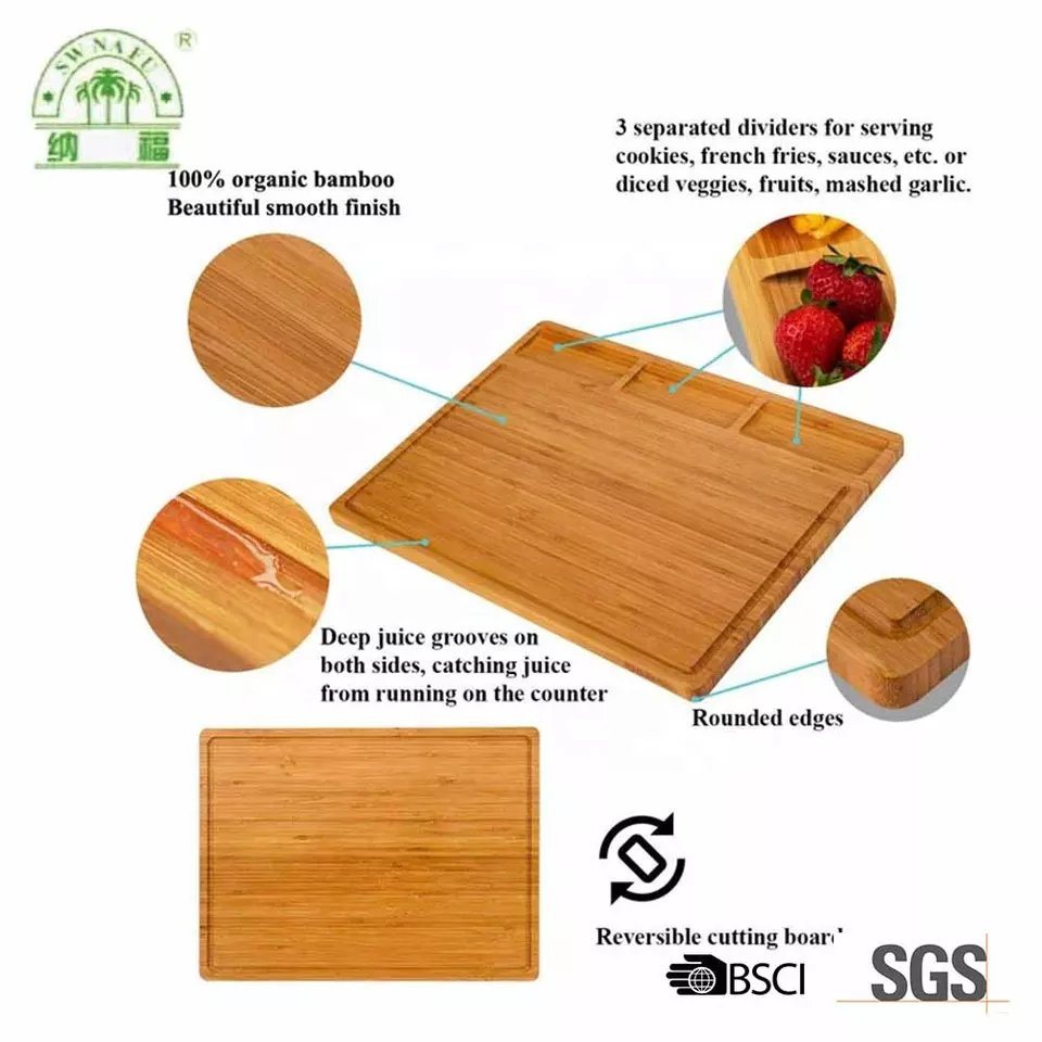 Extra Large Bamboo Cutting Board Cheese Cutting Board with Juice Groove and 3 Built-in Dividers