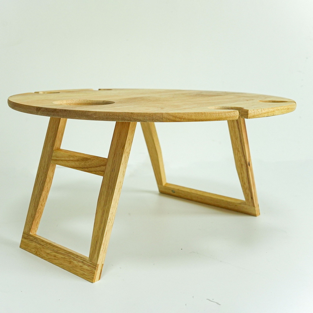 Natural Round Wood Picnic Table with 4 Bottle Rack Wine Glass Holder and Wine Table