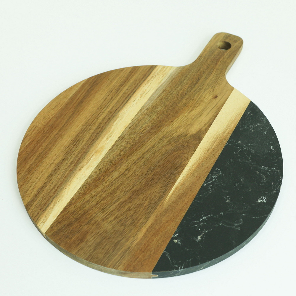 Round Acacia Wood and Black Marble Serving Board Cheese Board Charcuterie Board with Handle
