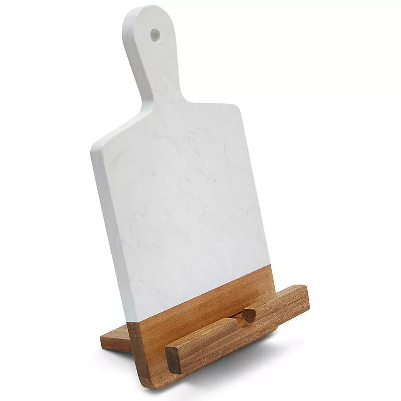 Marble Acacia Wood Cutting Board Cookbook Holder Charcuterie Board White Marble Cheese Board