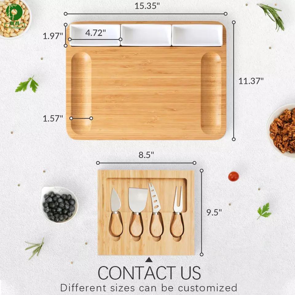 Rectangle Bamboo Cheese Board with 4 knives and 3 Ceramic Mugs for Picnic, Gifts and Kitchen