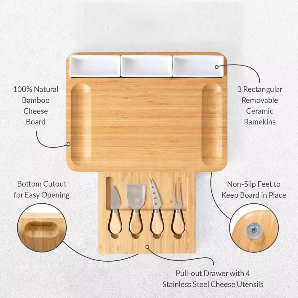 Rectangle Bamboo Cheese Board with 4 knives and 3 Ceramic Mugs for Picnic, Gifts and Kitchen