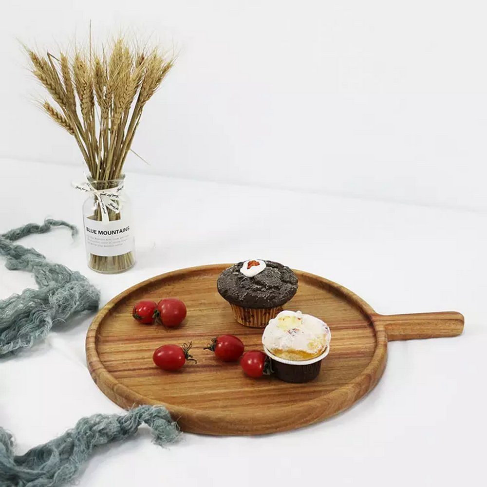 Custom Logo Round Shape Acacia Wood Serving Plate Serving Tray with Handle for Food Snack Dry Fruit