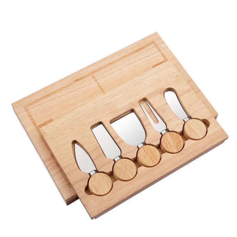 Durable Customized Logo Rubber Wooden Cheese Board Set with Stainless Steel Knives Charcuterie Boards Gift Set