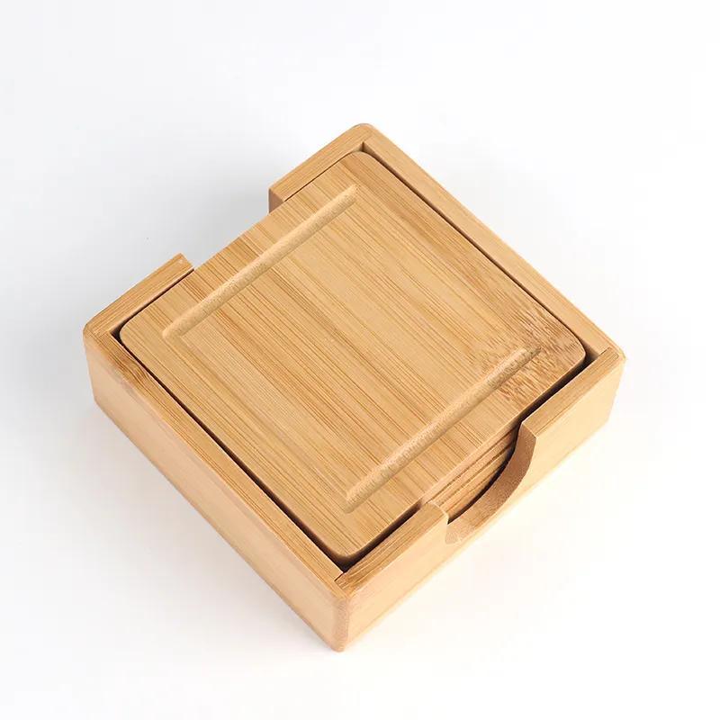 Custom Square Bamboo Wooden 5PCS Coasters Set with Holder