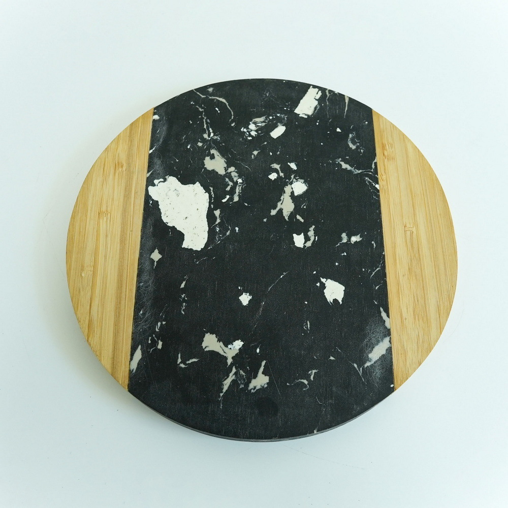 Round Bamboo Cutting Board Cheese Board with Black Marble in The Middle
