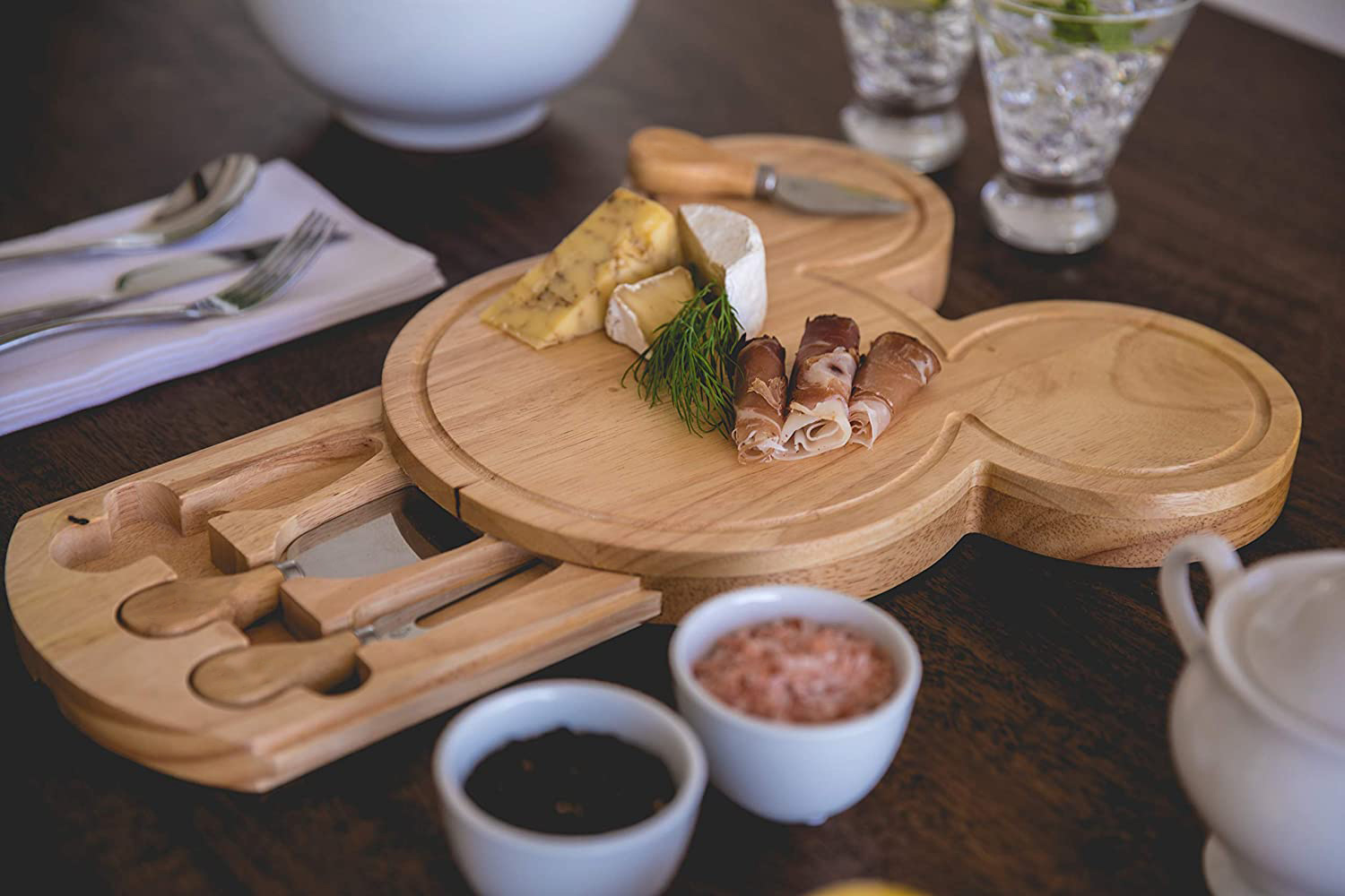 Mouse Head Shape Rubber Wood Cheese Board Knife Set for for Meat, Cheese, Bread