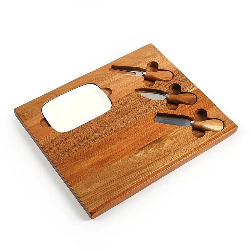 Acacia Wooden Cheese Board and Charcuterie Serving Board Platter with 3 Knives and Ceramic Bowl
