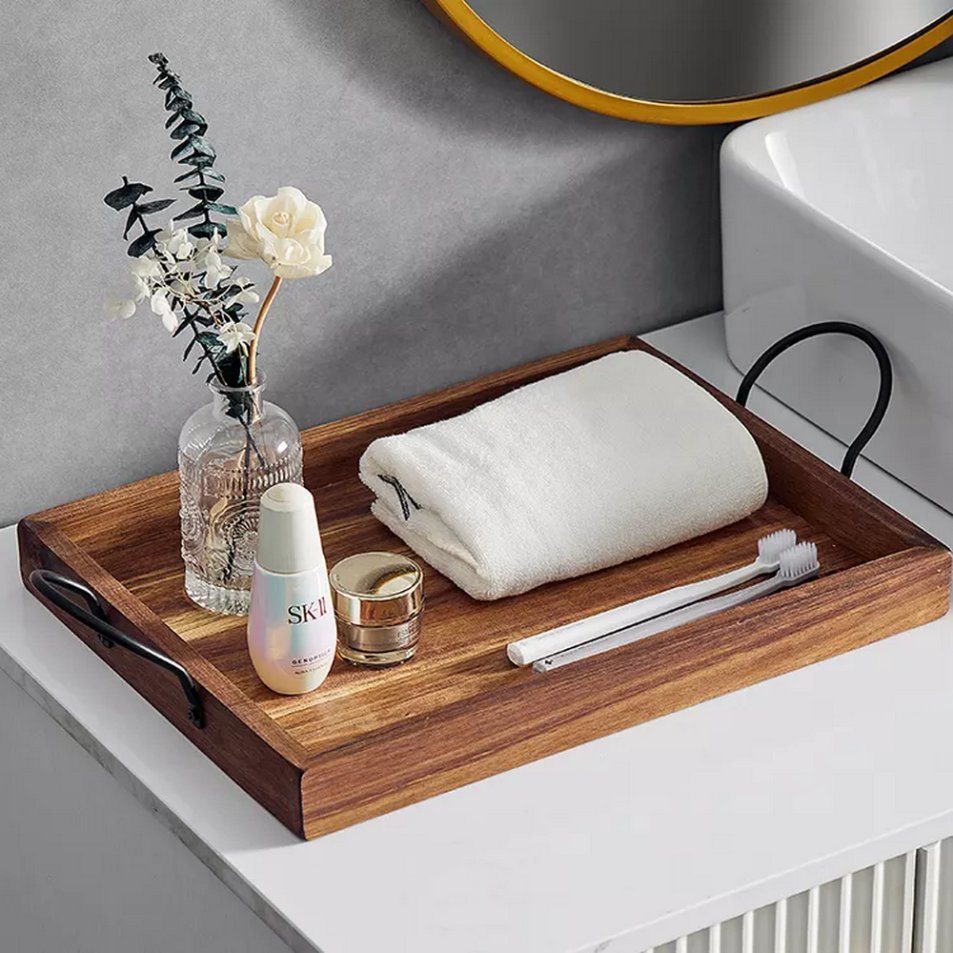 Custom Acacia Wooden Serving Tray with Metal Handles for Breakfast Cake Coffee Food