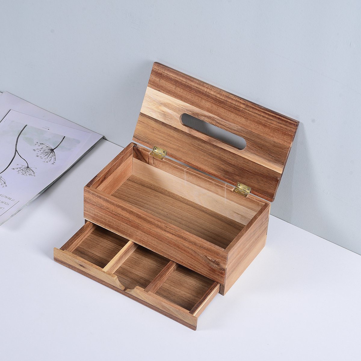 Decorative and Multipurpose Bamboo Tissue Box Wood Tissue Box with Drawer