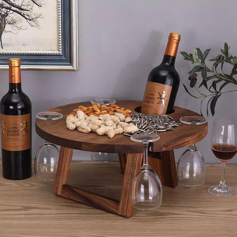 Portable Solid Acacia Wooden Round Wine Outdoor Folding Picnic Table with 4 Wine Glass Holder
