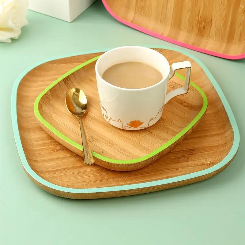 Square Bamboo Wooden Serving Tray Plate Dish with Color Edge for Appetizer Snack Nuts Cake and Breakfast