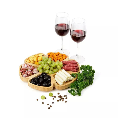 6-Section Flower Shape Round Bamboo Nut Candy Tray Compartment Snack Serving Tray with Dividers