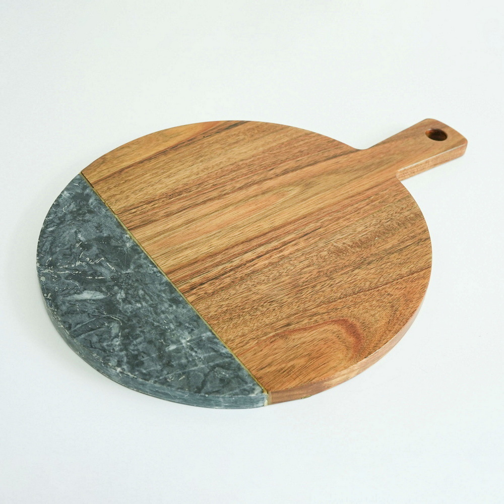 Large Round Marble and Acacia Wood Serving Board Cheese Board Charcuterie Board with Handle