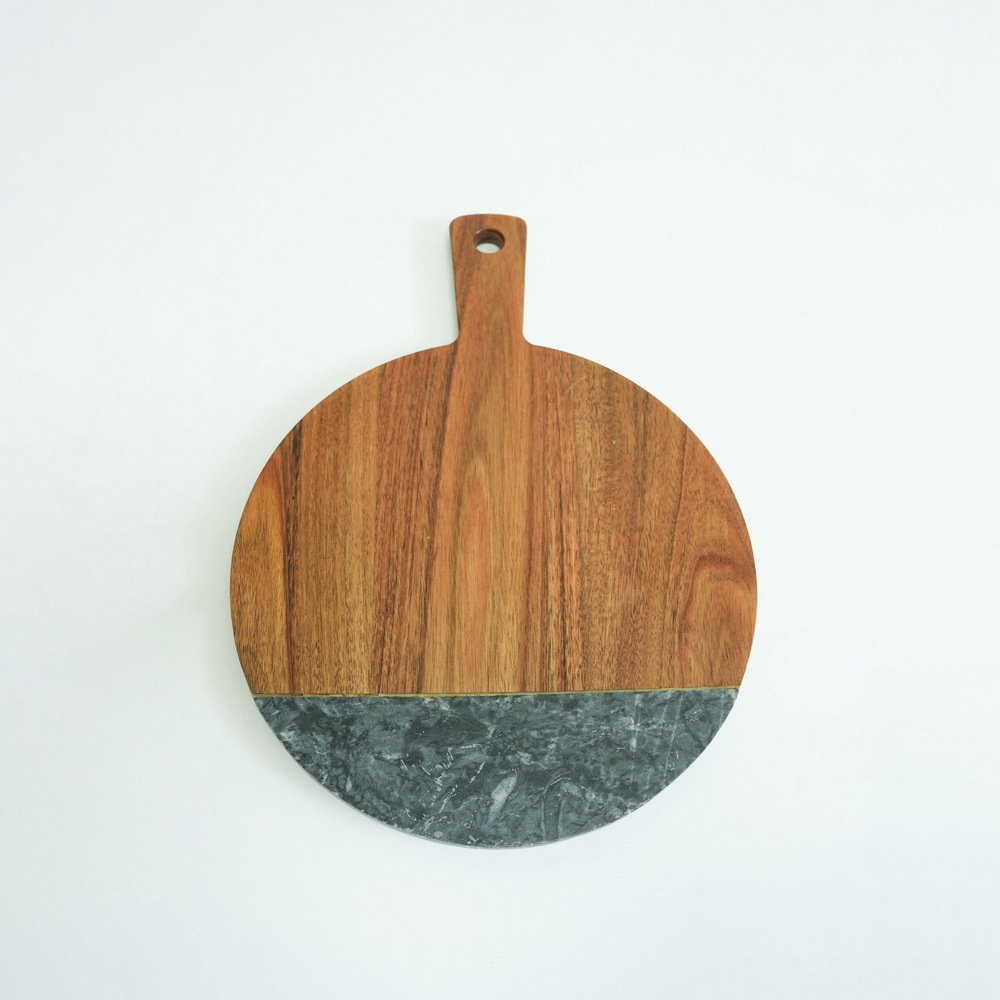 Large Round Marble and Acacia Wood Serving Board Cheese Board Charcuterie Board with Handle