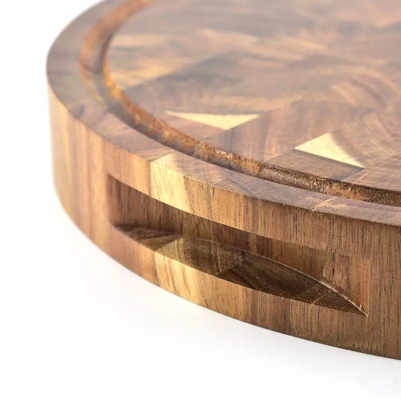 Thick End Grain Round Acacia Wooden Chopping Board Wooden Butcher Block with Two Handles for Kitchen
