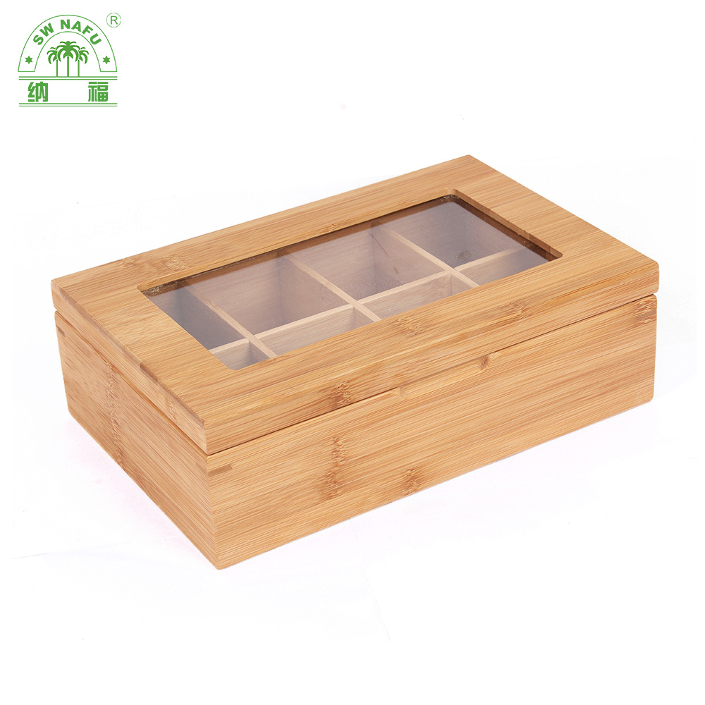 Custom Quality 8 Compartment Bamboo Tea Box and Tea Bag Organizer for Home or Company