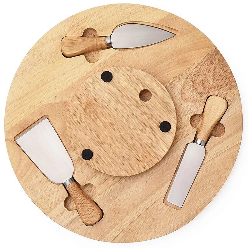 Rubber Wood Lazy Susan Organizer with a Hidden Knife Set
