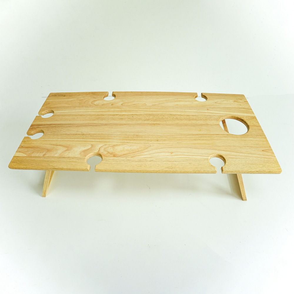 Rectangular Wood Collapsible Snack Portable Table Wood Folding Picnic Table with Wine Holder and Wine Glass Holder