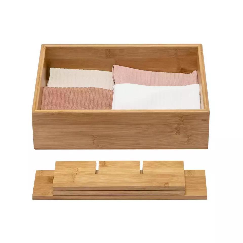 Rectangular Adjustable Multi-Compartment Bamboo Drawer Organizer for Wardrobe Drawer Belts Ties Socks Underwear