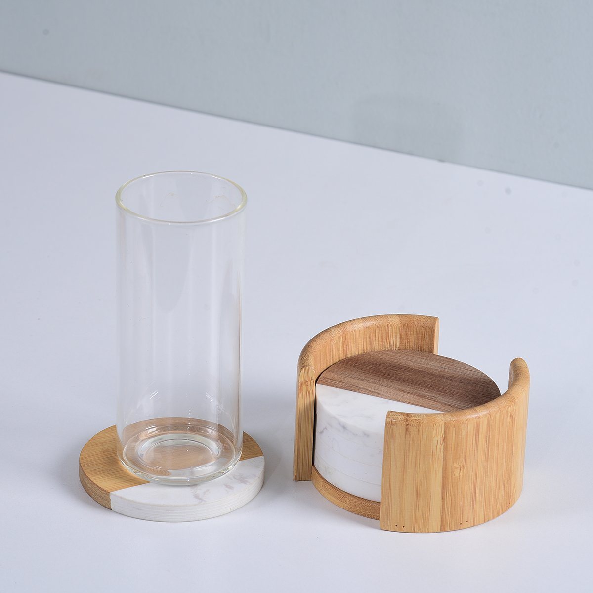 Modern and Natural White Marble and Wood Coaster with Holder