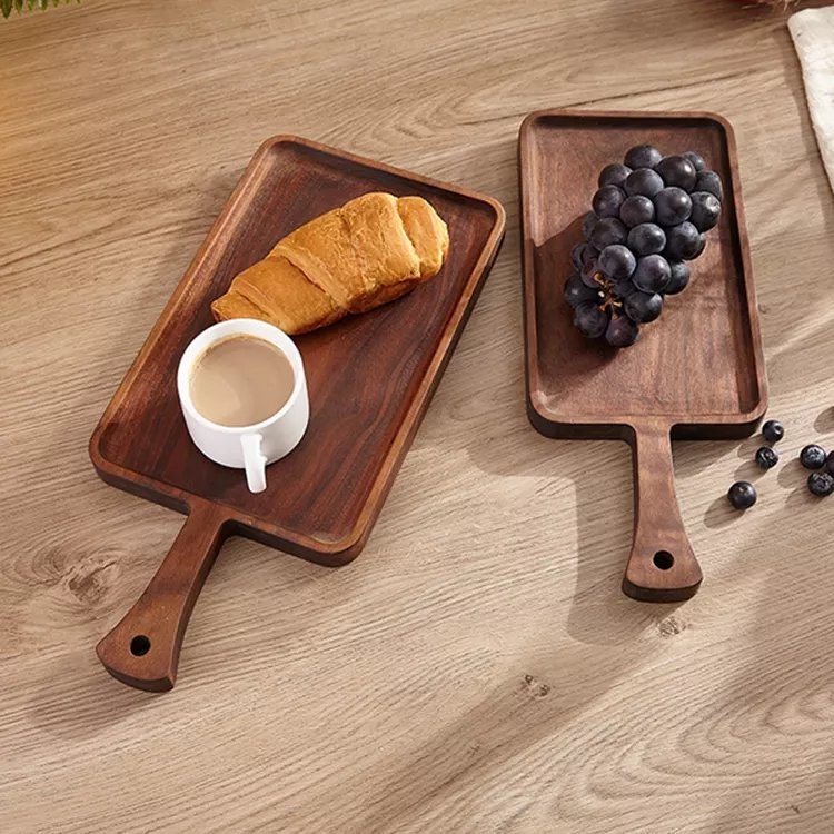 Rectangle Shape Black Walnut Wood Serving Tray with Handle for Food