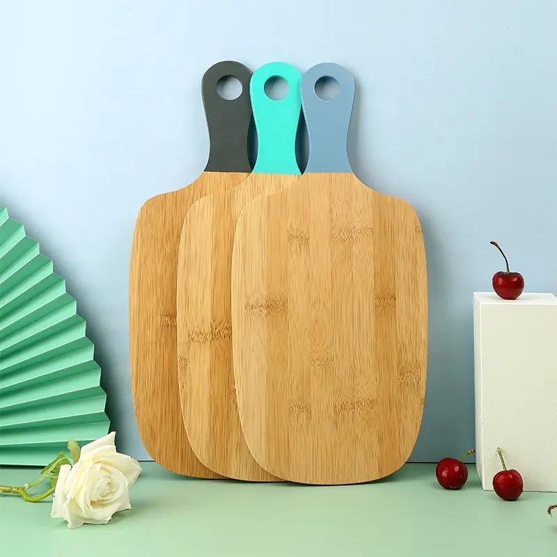 Bamboo Paddle Shape Cutting Board Chopping Blocks with Color Handle for Wholesale