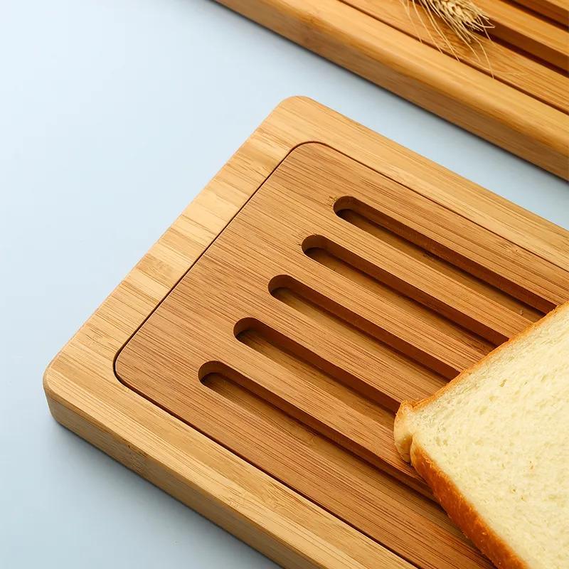 Long Strip Bamboo Bread Cutting Board with Handle and Slotted Bread Paddle Serving Board with Crumb Catcher Grid