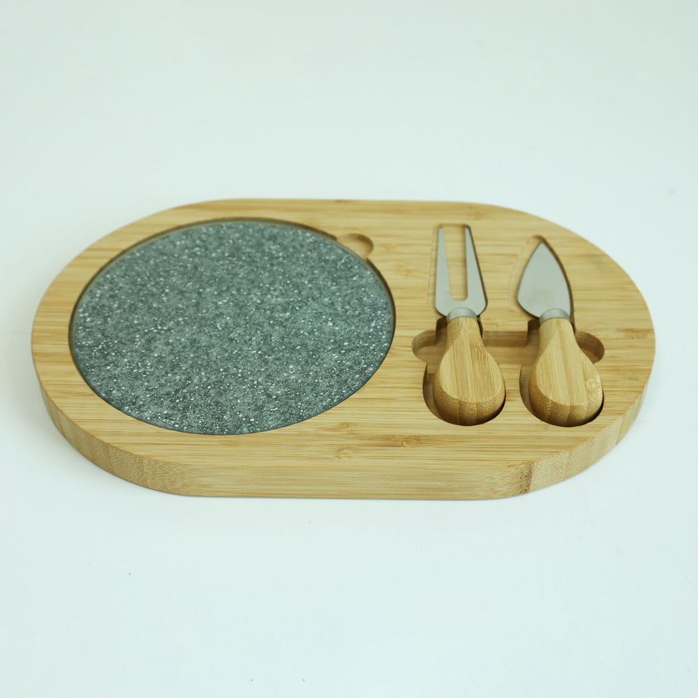 Oval Shape 3 Piece Bamboo Cheese Cutting Board with Inner Glass Board